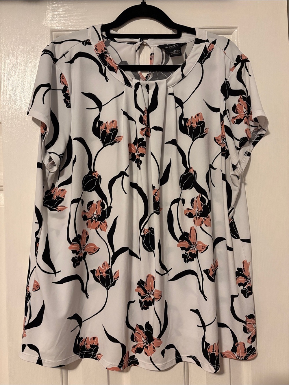 Liz Claiborne White Blouse with Black Vine and Peach Floral Print